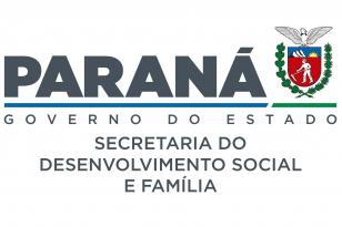 logo da secrtearia do desenvolvimento social e família, fundo branco, letras petras, escrito: secretaria do desenvolvimento social e família- Governo do Paraná
