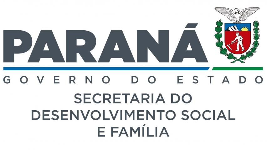 logo da secrtearia do desenvolvimento social e família, fundo branco, letras petras, escrito: secretaria do desenvolvimento social e família- Governo do Paraná